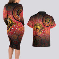 Papua New Guinea Couples Matching Long Sleeve Bodycon Dress and Hawaiian Shirt Birds Of Paradise With Aboriginal Pattern LT05 - Polynesian Pride
