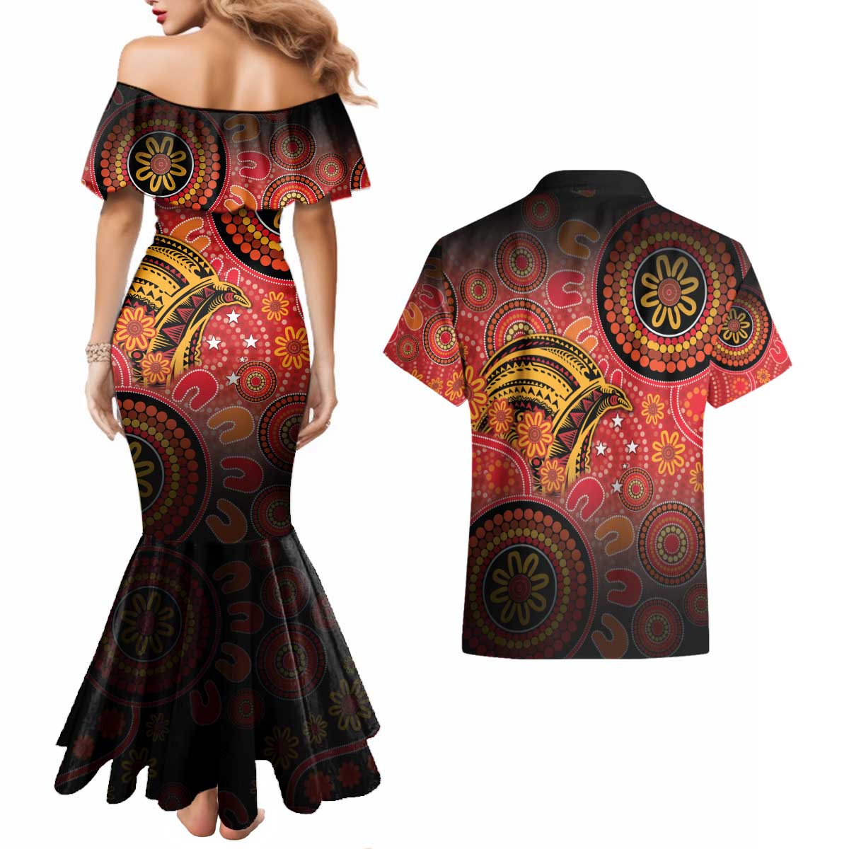 Papua New Guinea Couples Matching Mermaid Dress and Hawaiian Shirt Birds Of Paradise With Aboriginal Pattern LT05 - Polynesian Pride