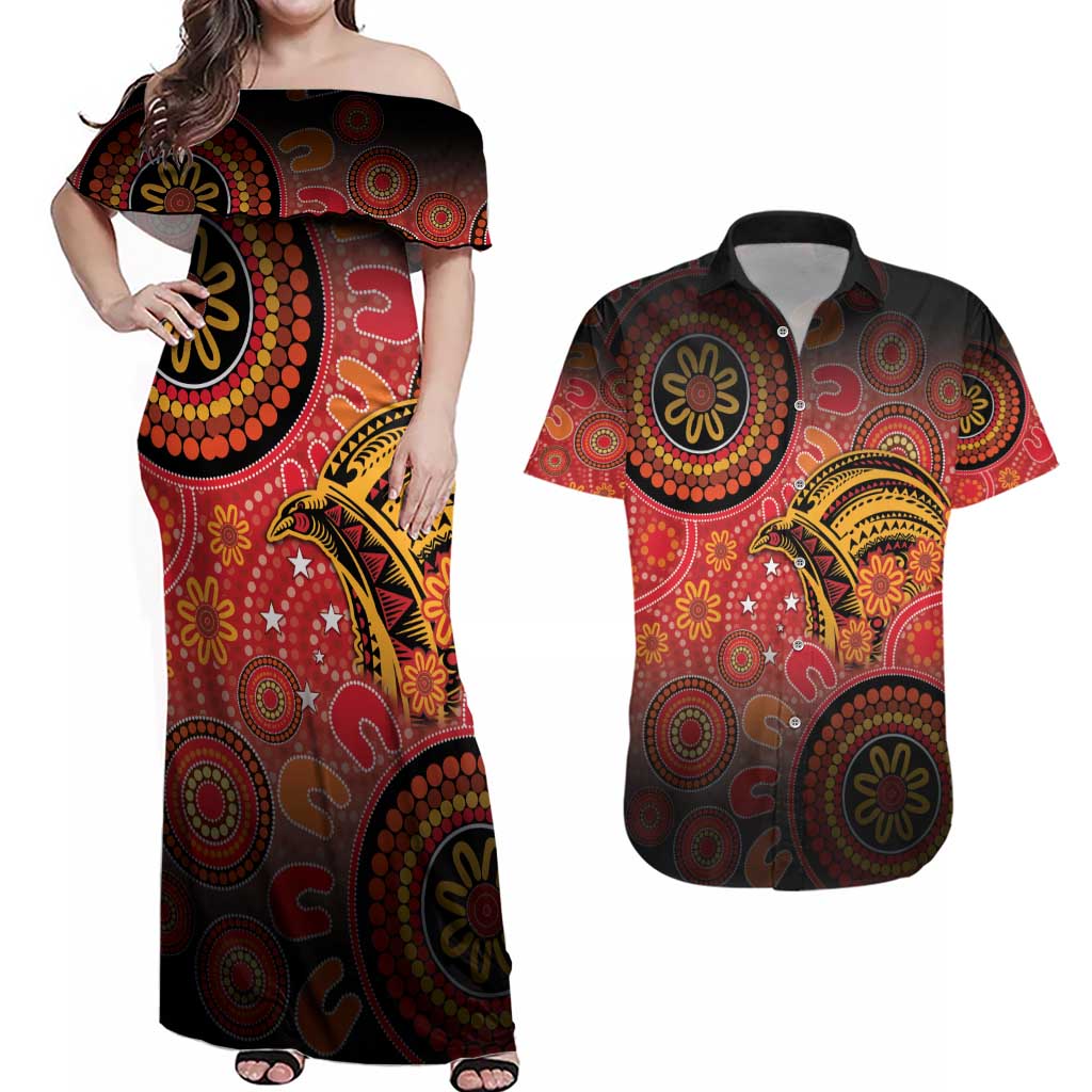 Papua New Guinea Couples Matching Off Shoulder Maxi Dress and Hawaiian Shirt Birds Of Paradise With Aboriginal Pattern LT05 Red - Polynesian Pride