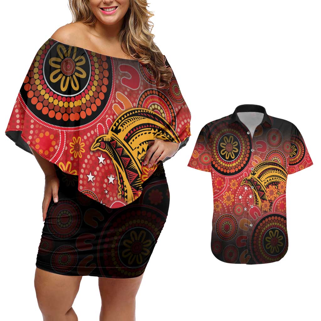 Papua New Guinea Couples Matching Off Shoulder Short Dress and Hawaiian Shirt Birds Of Paradise With Aboriginal Pattern LT05 Red - Polynesian Pride