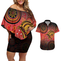 Papua New Guinea Couples Matching Off Shoulder Short Dress and Hawaiian Shirt Birds Of Paradise With Aboriginal Pattern LT05 Red - Polynesian Pride