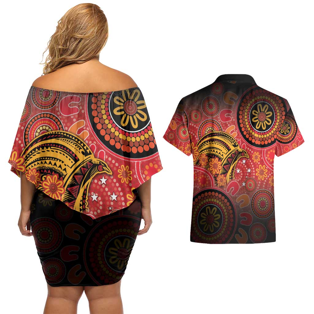 Papua New Guinea Couples Matching Off Shoulder Short Dress and Hawaiian Shirt Birds Of Paradise With Aboriginal Pattern LT05 - Polynesian Pride