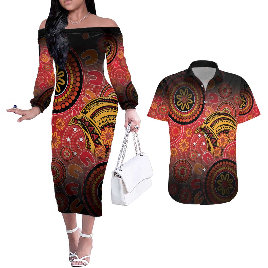 Papua New Guinea Couples Matching Off The Shoulder Long Sleeve Dress and Hawaiian Shirt Birds Of Paradise With Aboriginal Pattern LT05 Red - Polynesian Pride