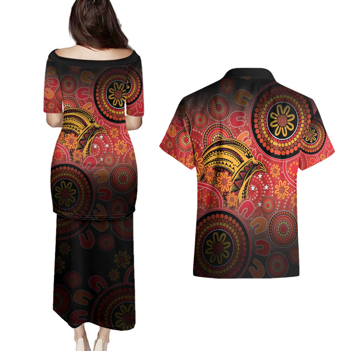 Papua New Guinea Couples Matching Puletasi and Hawaiian Shirt Birds Of Paradise With Aboriginal Pattern - Polynesian Pride