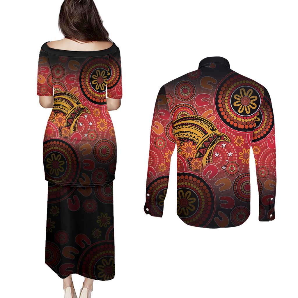 Papua New Guinea Couples Matching Puletasi and Long Sleeve Button Shirt Birds Of Paradise With Aboriginal Pattern - Polynesian Pride