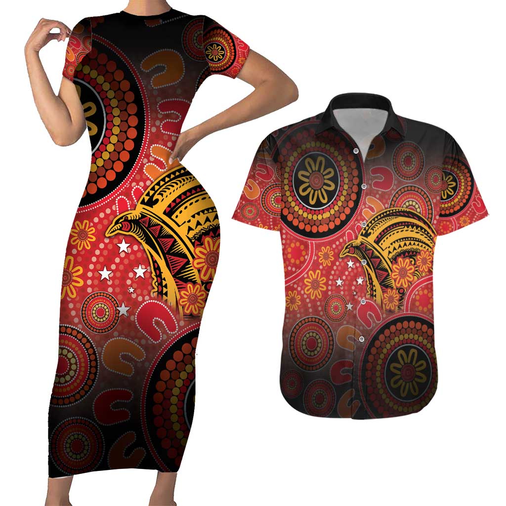 Papua New Guinea Couples Matching Short Sleeve Bodycon Dress and Hawaiian Shirt Birds Of Paradise With Aboriginal Pattern LT05 Red - Polynesian Pride