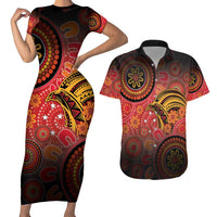 Papua New Guinea Couples Matching Short Sleeve Bodycon Dress and Hawaiian Shirt Birds Of Paradise With Aboriginal Pattern LT05 Red - Polynesian Pride