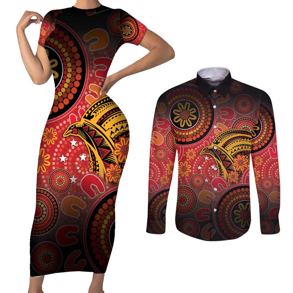 Papua New Guinea Couples Matching Short Sleeve Bodycon Dress and Long Sleeve Button Shirt Birds Of Paradise With Aboriginal Pattern LT05 Red - Polynesian Pride