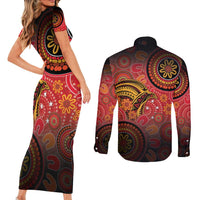 Papua New Guinea Couples Matching Short Sleeve Bodycon Dress and Long Sleeve Button Shirt Birds Of Paradise With Aboriginal Pattern LT05 - Polynesian Pride