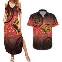 Papua New Guinea Couples Matching Summer Maxi Dress and Hawaiian Shirt Birds Of Paradise With Aboriginal Pattern LT05 Red - Polynesian Pride