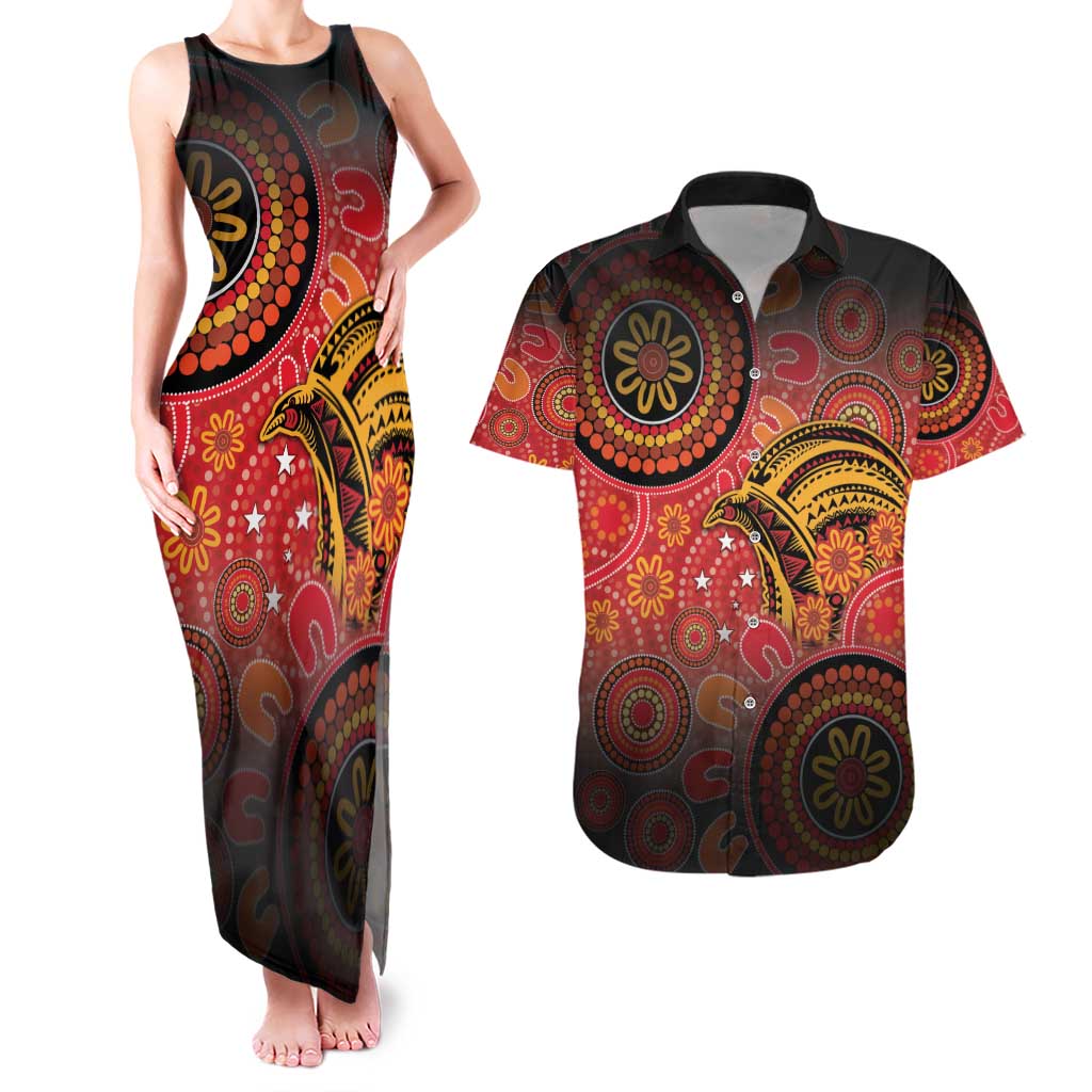 Papua New Guinea Couples Matching Tank Maxi Dress and Hawaiian Shirt Birds Of Paradise With Aboriginal Pattern LT05 Red - Polynesian Pride