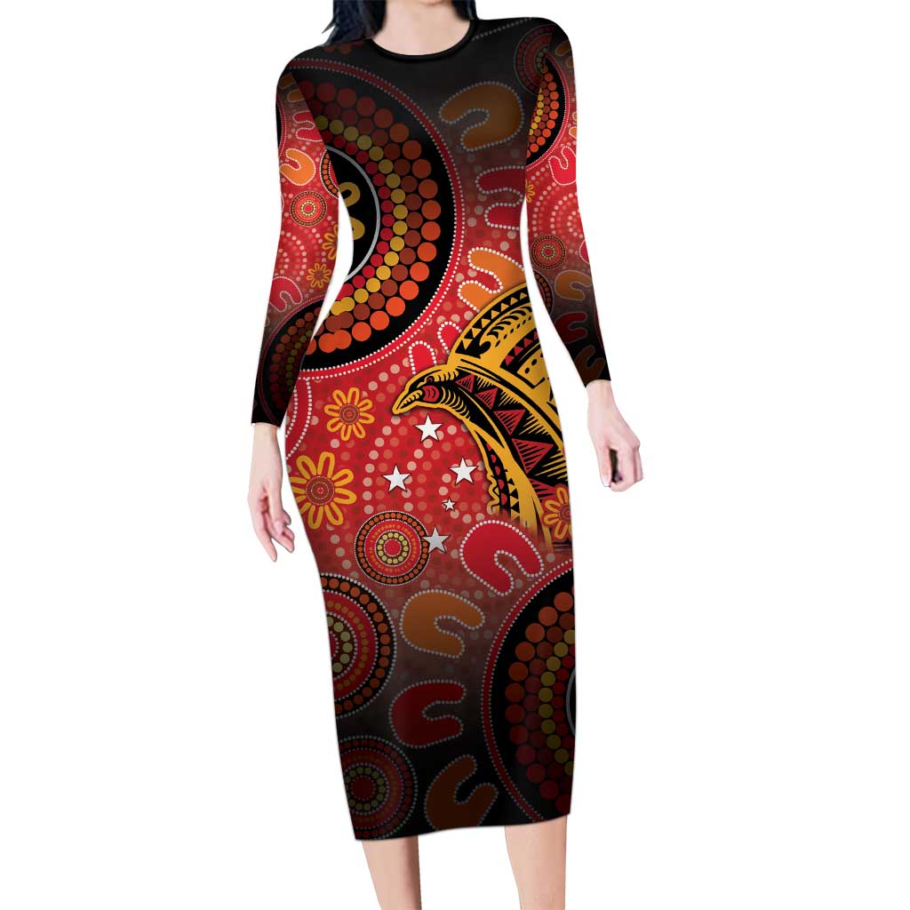 Papua New Guinea Family Matching Long Sleeve Bodycon Dress and Hawaiian Shirt Birds Of Paradise With Aboriginal Pattern LT05 Mom's Dress Red - Polynesian Pride