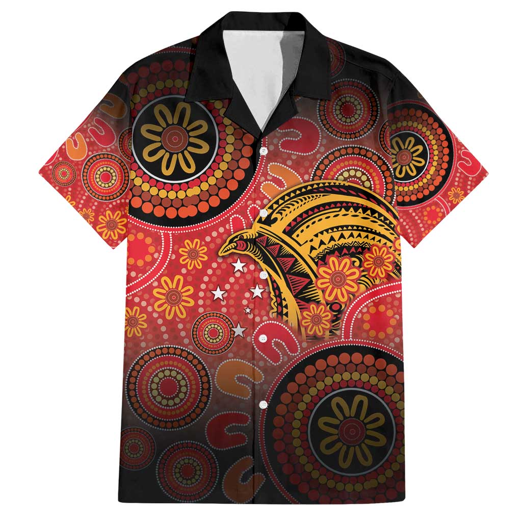 Papua New Guinea Family Matching Off Shoulder Maxi Dress and Hawaiian Shirt Birds Of Paradise With Aboriginal Pattern LT05 Dad's Shirt - Short Sleeve Red - Polynesian Pride