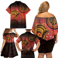 Papua New Guinea Family Matching Off Shoulder Short Dress and Hawaiian Shirt Birds Of Paradise With Aboriginal Pattern LT05 - Polynesian Pride