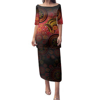 Papua New Guinea Family Matching Puletasi and Hawaiian Shirt Birds Of Paradise With Aboriginal Pattern LT05 Mom's Dress Red - Polynesian Pride