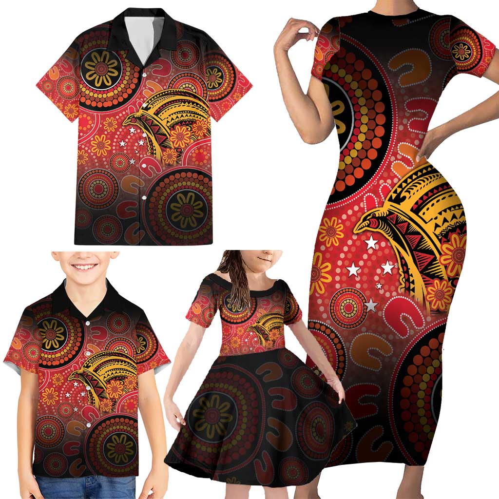 Papua New Guinea Family Matching Short Sleeve Bodycon Dress and Hawaiian Shirt Birds Of Paradise With Aboriginal Pattern LT05 - Polynesian Pride