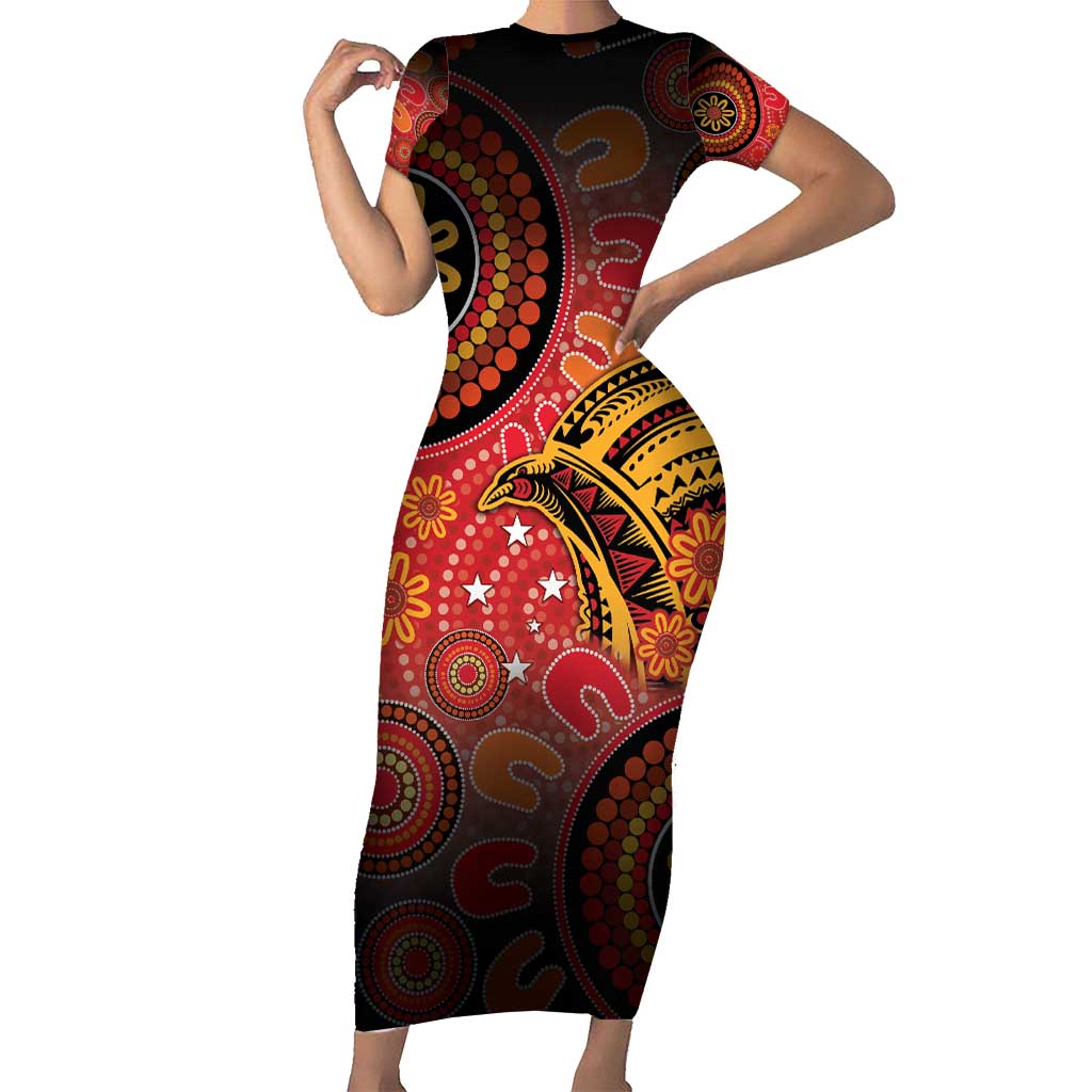 Papua New Guinea Family Matching Short Sleeve Bodycon Dress and Hawaiian Shirt Birds Of Paradise With Aboriginal Pattern LT05 Mom's Dress Red - Polynesian Pride