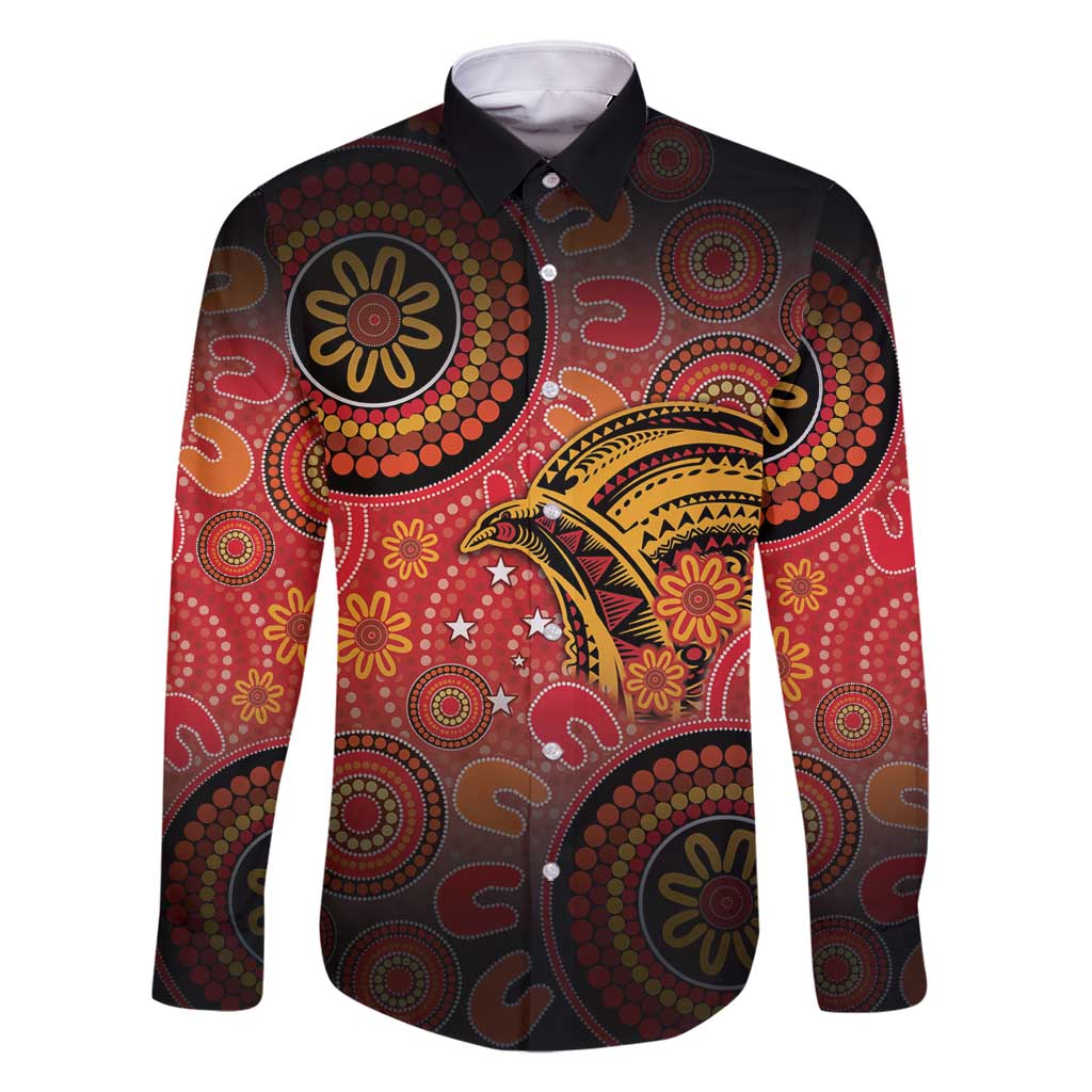 Papua New Guinea Family Matching Summer Maxi Dress and Hawaiian Shirt Birds Of Paradise With Aboriginal Pattern LT05 Dad's Shirt - Long Sleeve Red - Polynesian Pride