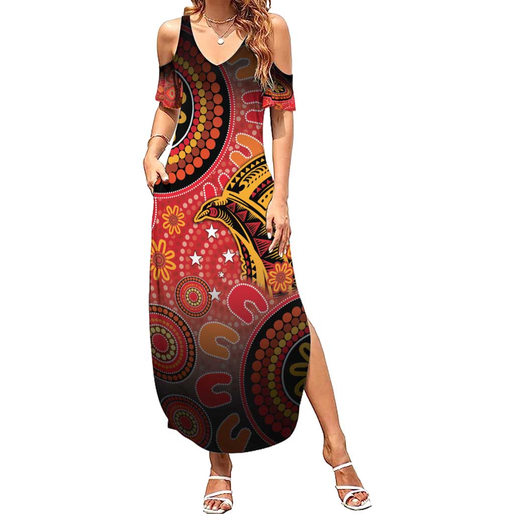 Papua New Guinea Family Matching Summer Maxi Dress and Hawaiian Shirt Birds Of Paradise With Aboriginal Pattern LT05 Mom's Dress Red - Polynesian Pride