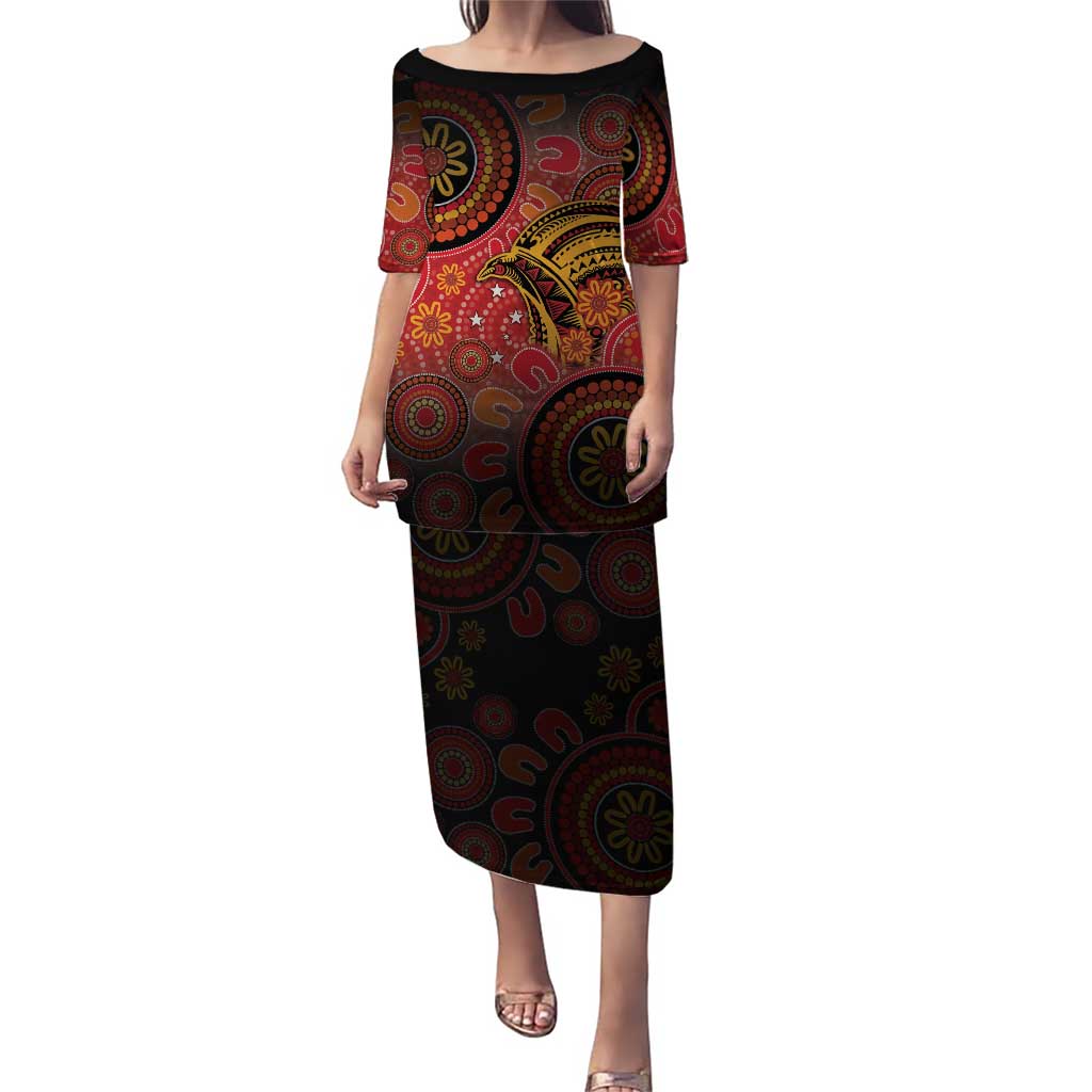 Papua New Guinea Puletasi Birds Of Paradise With Aboriginal Pattern LT05 Long Dress Red - Polynesian Pride