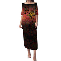 Papua New Guinea Puletasi Birds Of Paradise With Aboriginal Pattern LT05 Long Dress Red - Polynesian Pride