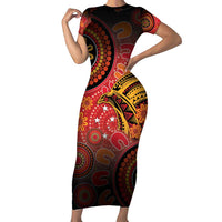 Papua New Guinea Short Sleeve Bodycon Dress Birds Of Paradise With Aboriginal Pattern - Polynesian Pride