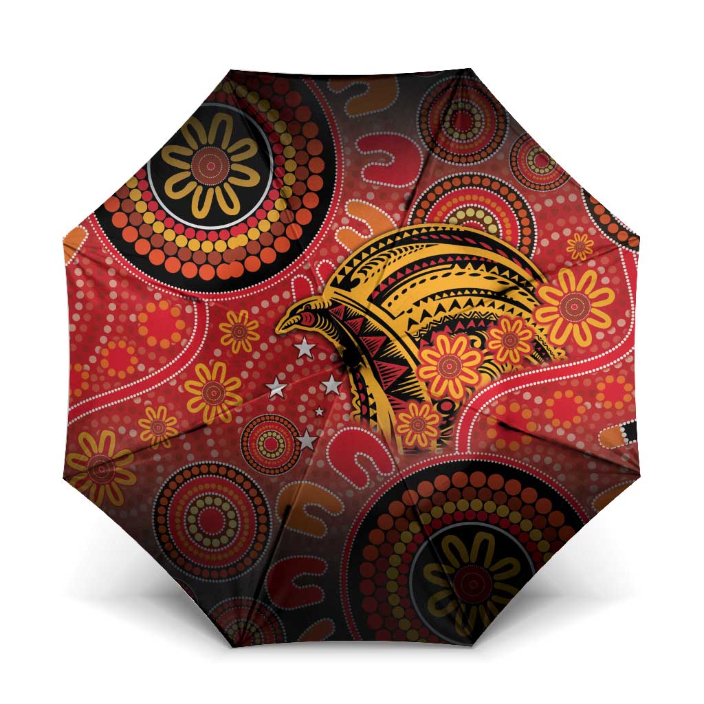 Papua New Guinea Umbrella Birds Of Paradise With Aboriginal Pattern LT05 One Size Folded 11.42 inch Opened Diameter 37.4 inch Red - Polynesian Pride