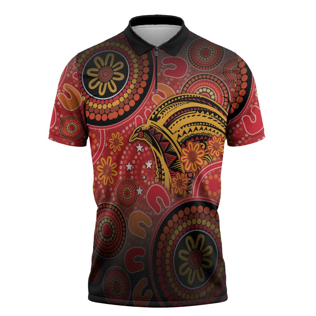 Papua New Guinea Zipper Polo Shirt Birds Of Paradise With Aboriginal Pattern - Polynesian Pride