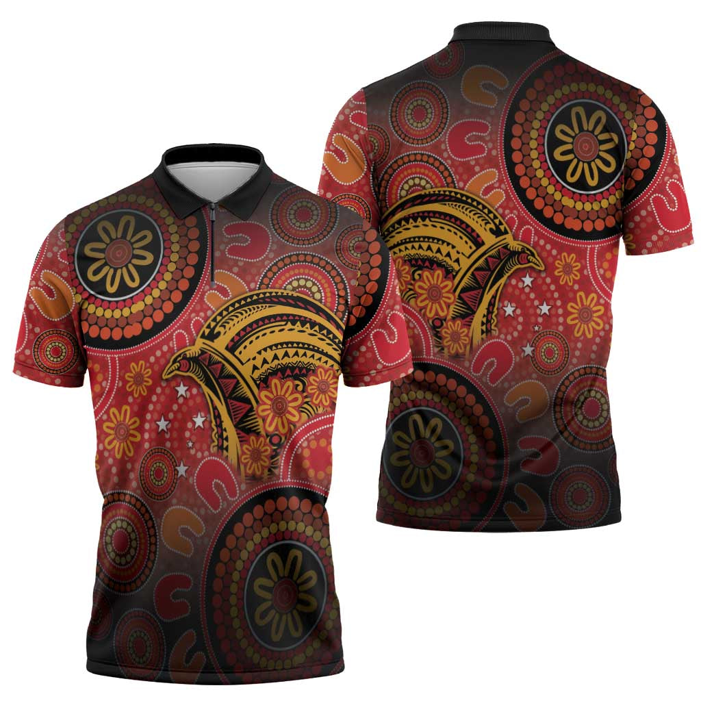 Papua New Guinea Zipper Polo Shirt Birds Of Paradise With Aboriginal Pattern - Polynesian Pride