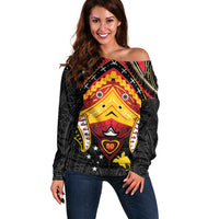 Papua New Guinea Independence Day Off Shoulder Sweater Tribal Mask - Polynesian Pride