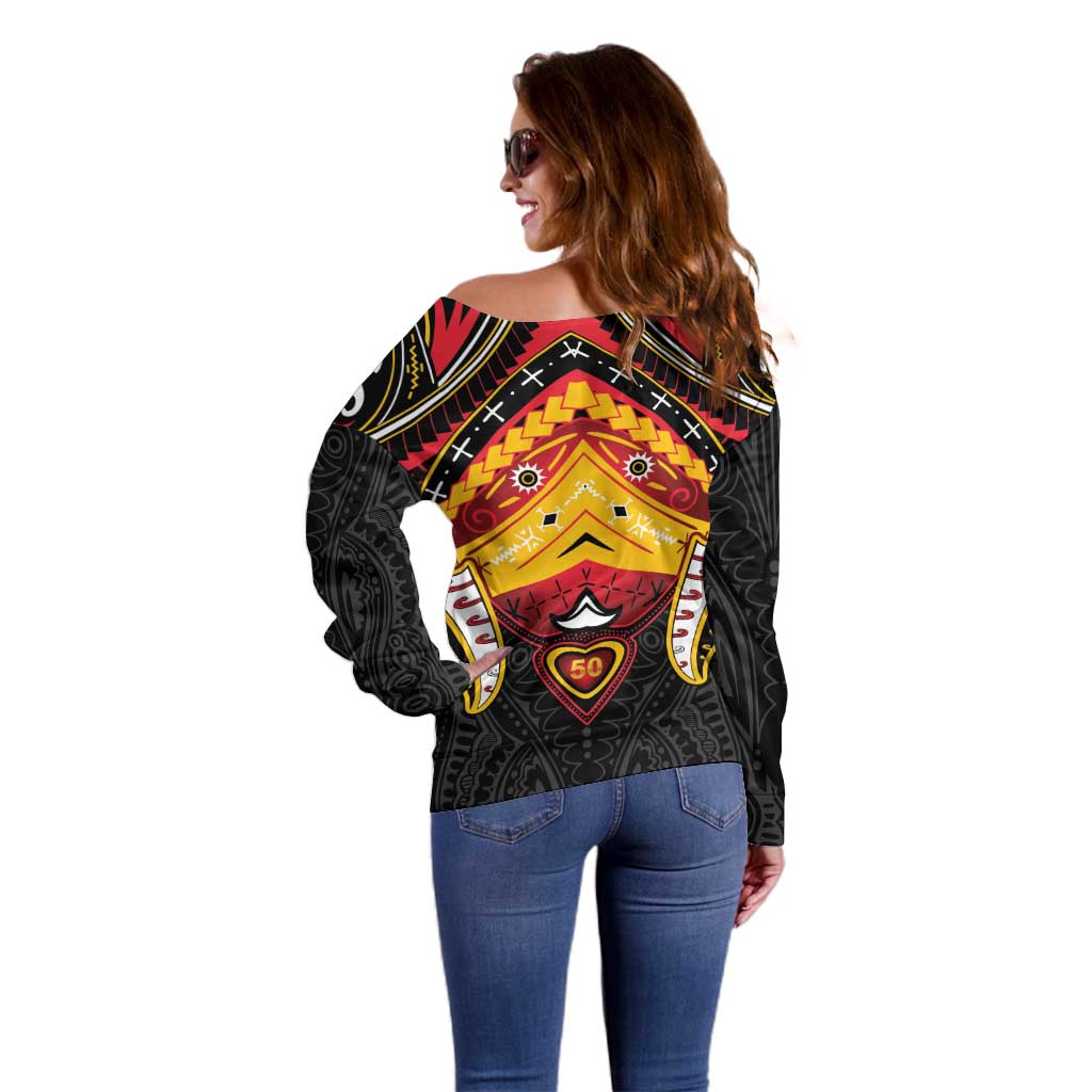 Papua New Guinea Independence Day Off Shoulder Sweater Tribal Mask - Polynesian Pride