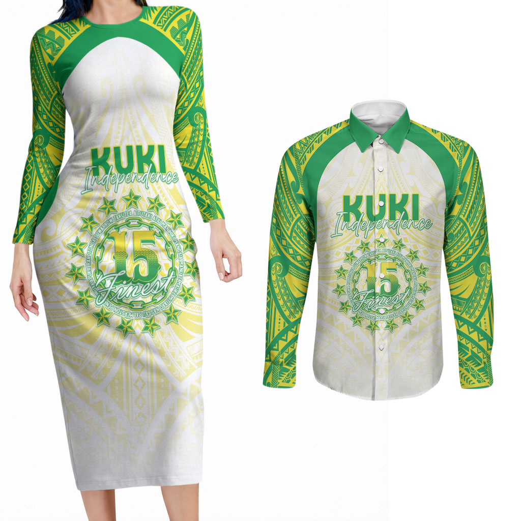 Kuki Independence 2026 Couples Matching Long Sleeve Bodycon Dress and Long Sleeve Button Shirt Cook Islands 15 Finest White Version LT05 White - Polynesian Pride