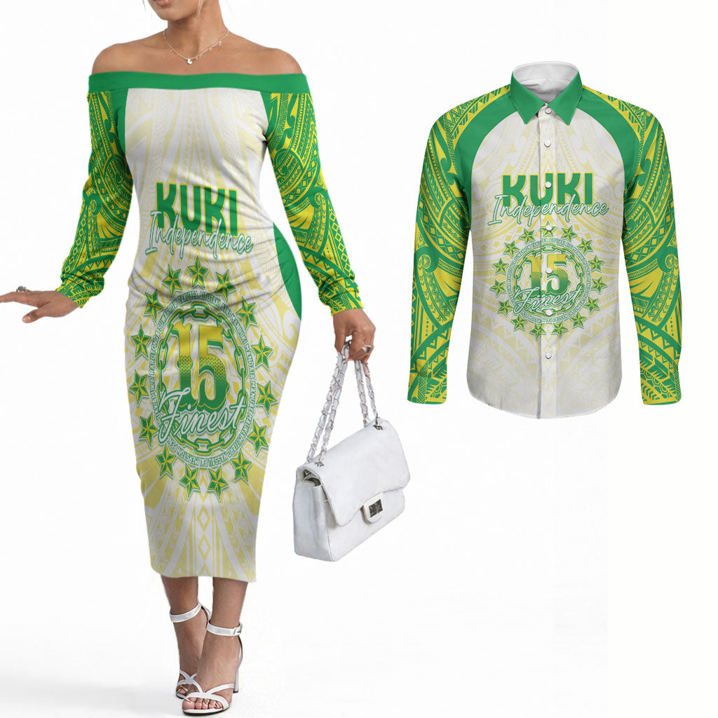 Kuki Independence 2026 Couples Matching Off The Shoulder Long Sleeve Dress and Long Sleeve Button Shirt Cook Islands 15 Finest White Version LT05 White - Polynesian Pride