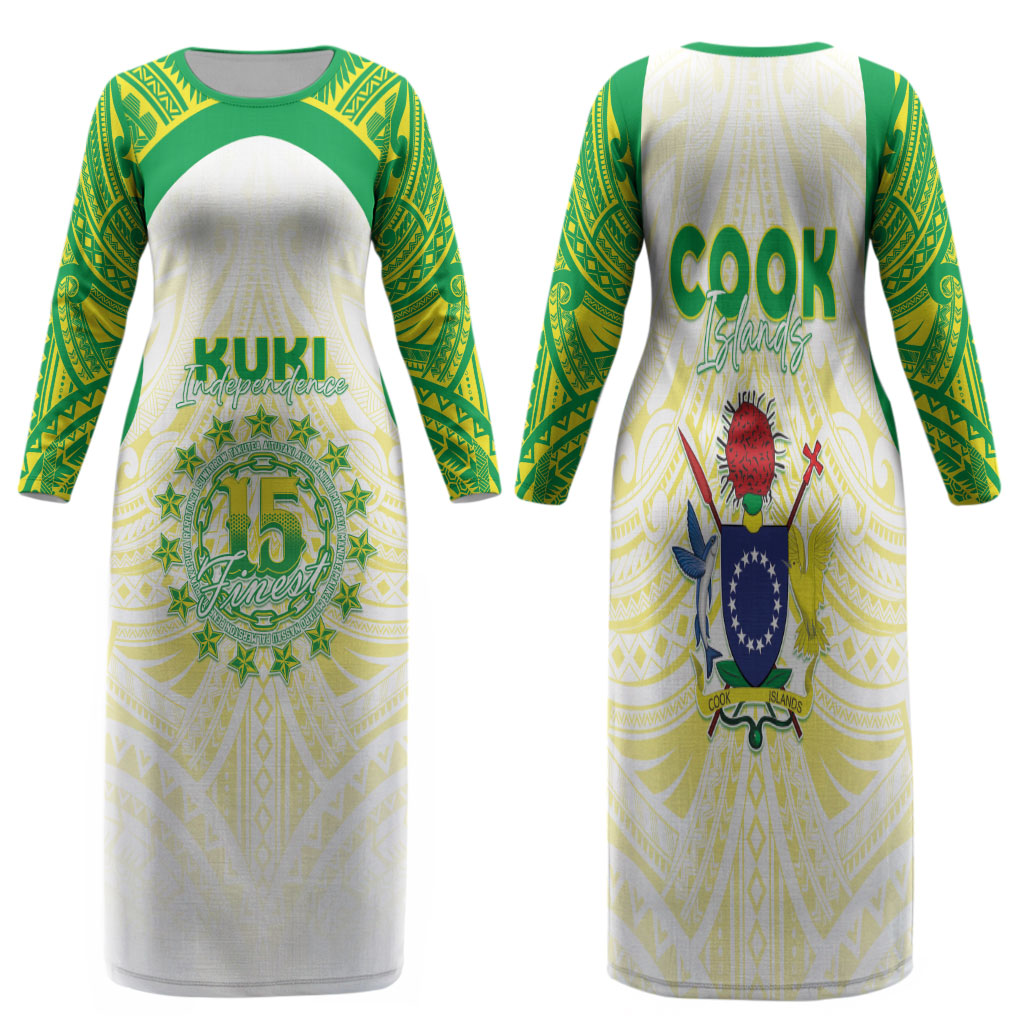 Kuki Independence 2026 Family Matching Long Sleeve Bodycon Dress and Hawaiian Shirt Cook Islands 15 Finest White Version LT05 Mom's Dress White - Polynesian Pride