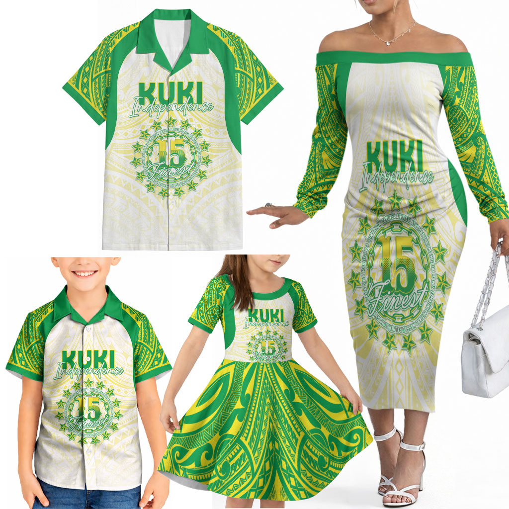 Kuki Independence 2026 Family Matching Off The Shoulder Long Sleeve Dress and Hawaiian Shirt Cook Islands 15 Finest White Version LT05 - Polynesian Pride
