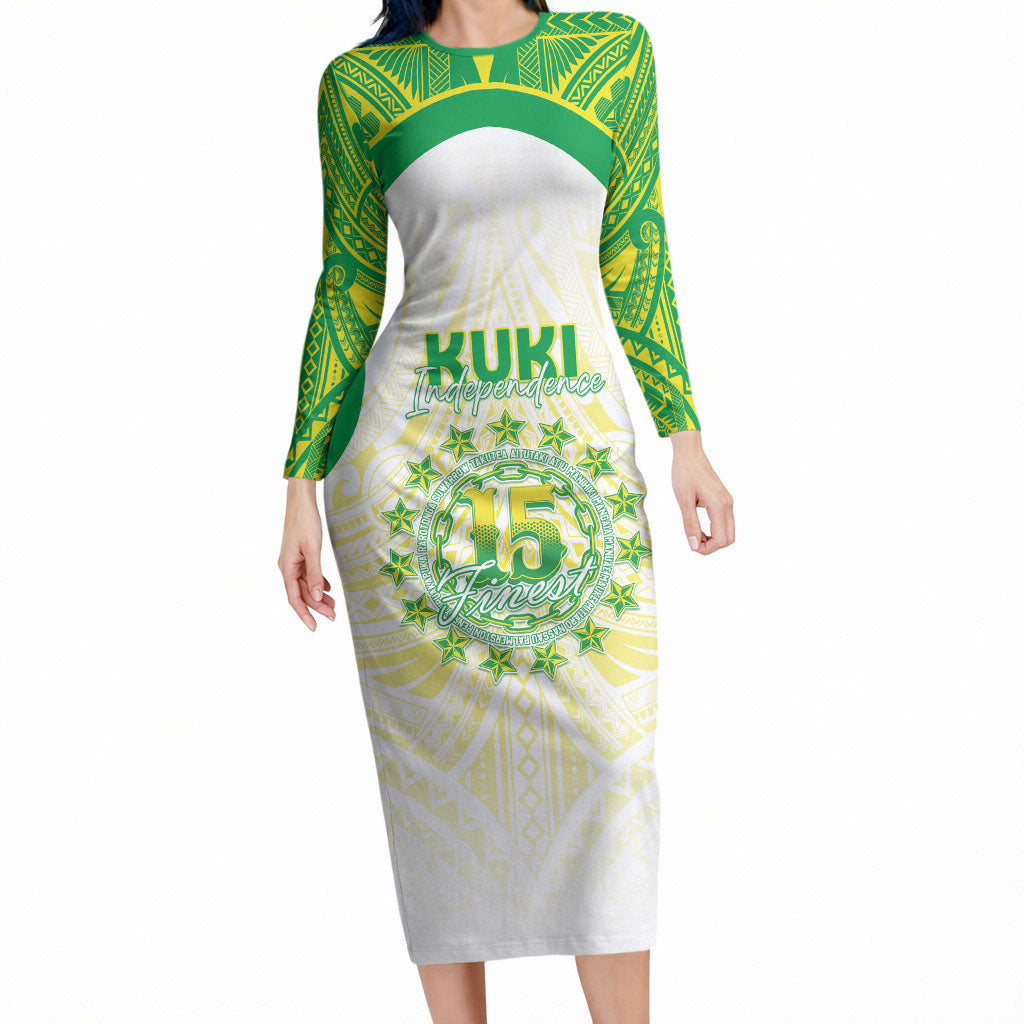 Kuki Independence 2026 Long Sleeve Bodycon Dress Cook Islands 15 Finest White Version LT05 Long Dress White - Polynesian Pride