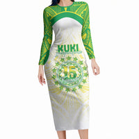 Kuki Independence 2026 Long Sleeve Bodycon Dress Cook Islands 15 Finest White Version LT05 Long Dress White - Polynesian Pride