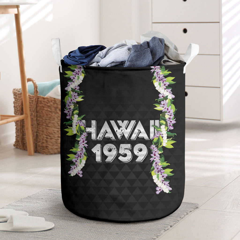 Hawaii Statehood Day Laundry Basket Kakau Pattern With Maile Pikake Honohono Lei LT05 Black - Polynesian Pride