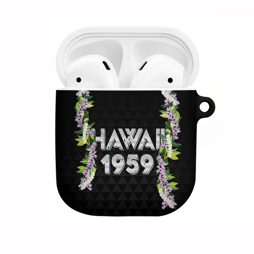 Hawaii Statehood Day AirPods Case Kakau Pattern With Maile Pikake Honohono Lei LT05 Black - Polynesian Pride