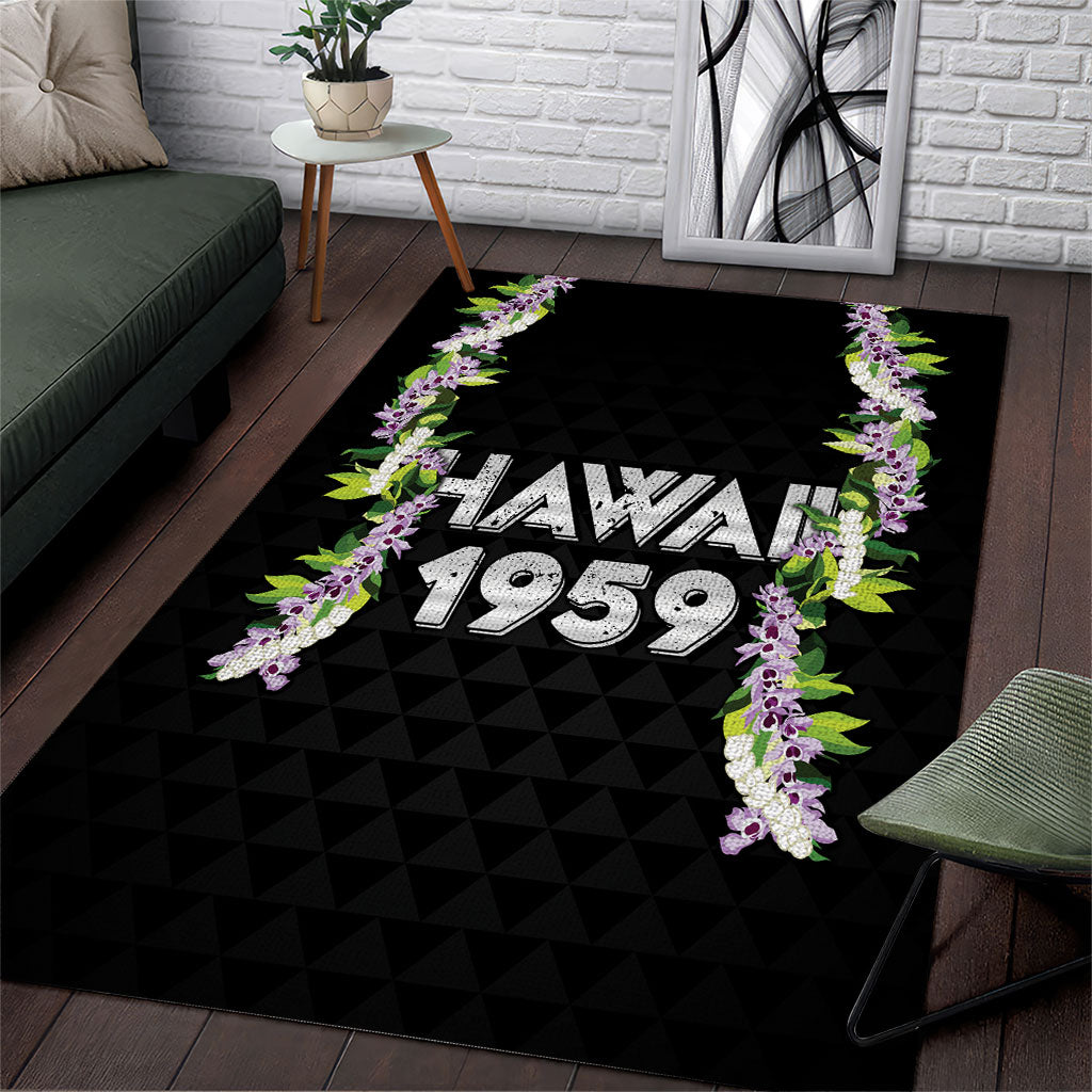 Hawaii Statehood Day Area Rug Kakau Pattern With Maile Pikake Honohono Lei LT05 Black - Polynesian Pride