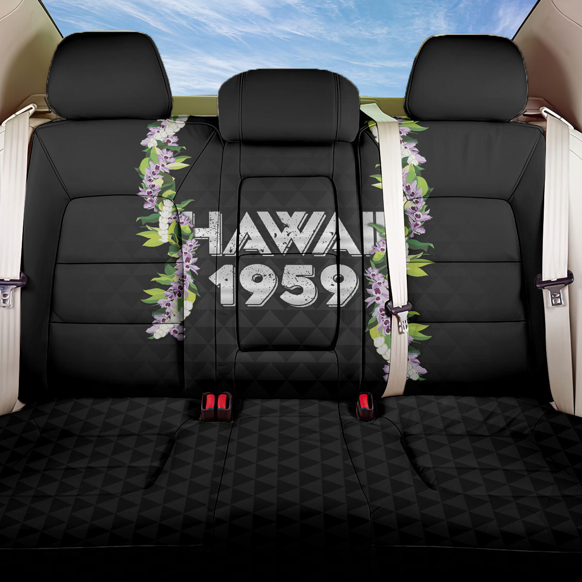 Hawaii Statehood Day Back Car Seat Cover Kakau Pattern With Maile Pikake Honohono Lei LT05 One Size Black - Polynesian Pride