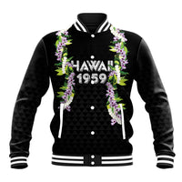 Hawaii Statehood Day Baseball Jacket Kakau Pattern With Maile Pikake Honohono Lei LT05 Unisex Black - Polynesian Pride
