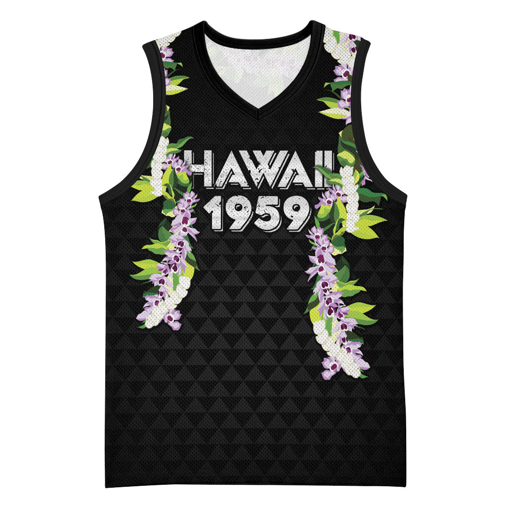 Hawaii Statehood Day Basketball Jersey Kakau Pattern With Maile Pikake Honohono Lei LT05 Unisex Black - Polynesian Pride