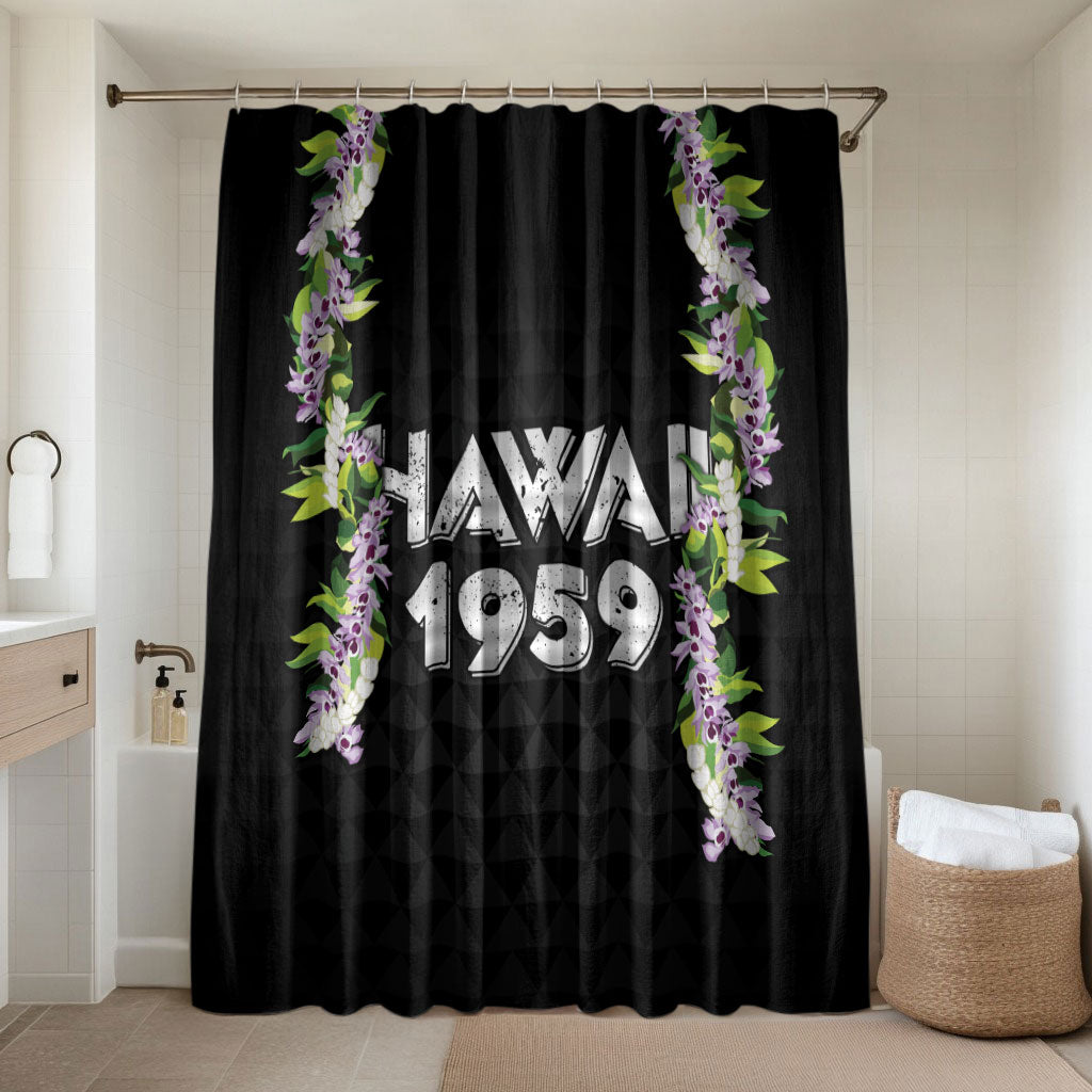 Hawaii Statehood Day Bathroom Set Kakau Pattern With Maile Pikake Honohono Lei LT05 Shower Curtain Only Black - Polynesian Pride