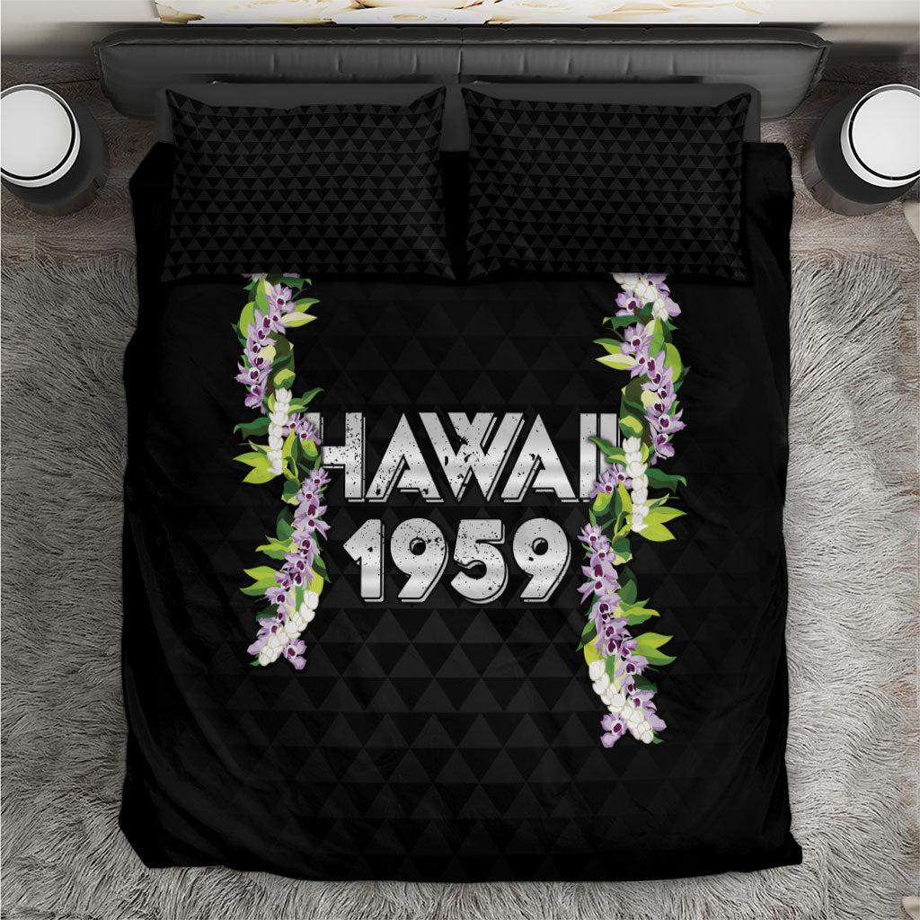 Hawaii Statehood Day Bedding Set Kakau Pattern With Maile Pikake Honohono Lei LT05 Black - Polynesian Pride