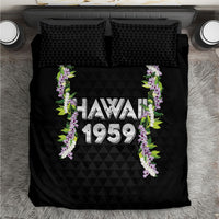Hawaii Statehood Day Bedding Set Kakau Pattern With Maile Pikake Honohono Lei LT05 Black - Polynesian Pride