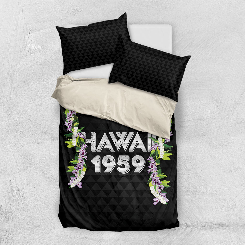 Hawaii Statehood Day Bedding Set Kakau Pattern With Maile Pikake Honohono Lei LT05 US Twin 172cm x 218cm Black - Polynesian Pride
