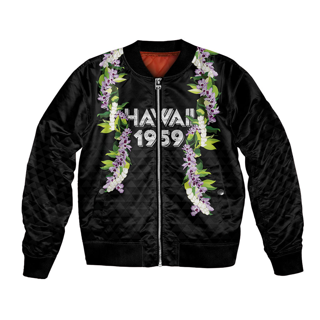 Hawaii Statehood Day Bomber Jacket Kakau Pattern With Maile Pikake Honohono Lei LT05 Unisex Black - Polynesian Pride
