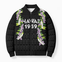 Hawaii Statehood Day Bomber Puffer Jacket Kakau Pattern With Maile Pikake Honohono Lei LT05 Unisex Black - Polynesian Pride