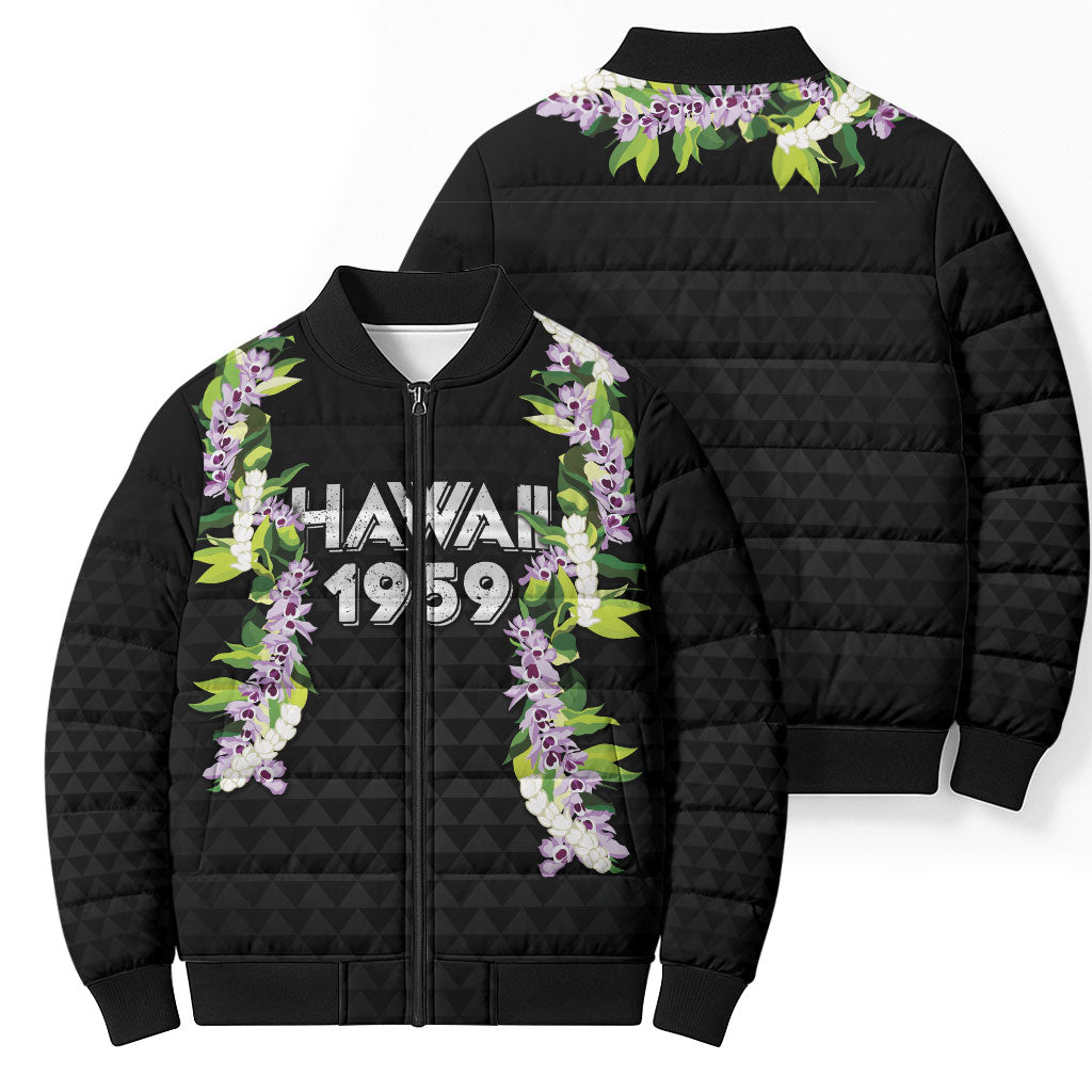 Hawaii Statehood Day Bomber Puffer Jacket Kakau Pattern With Maile Pikake Honohono Lei LT05 - Polynesian Pride